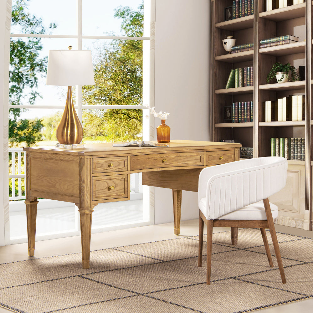 Dauphin Gold Accent 5-Drawer Wood Executive Desk, Natural Brown Wood