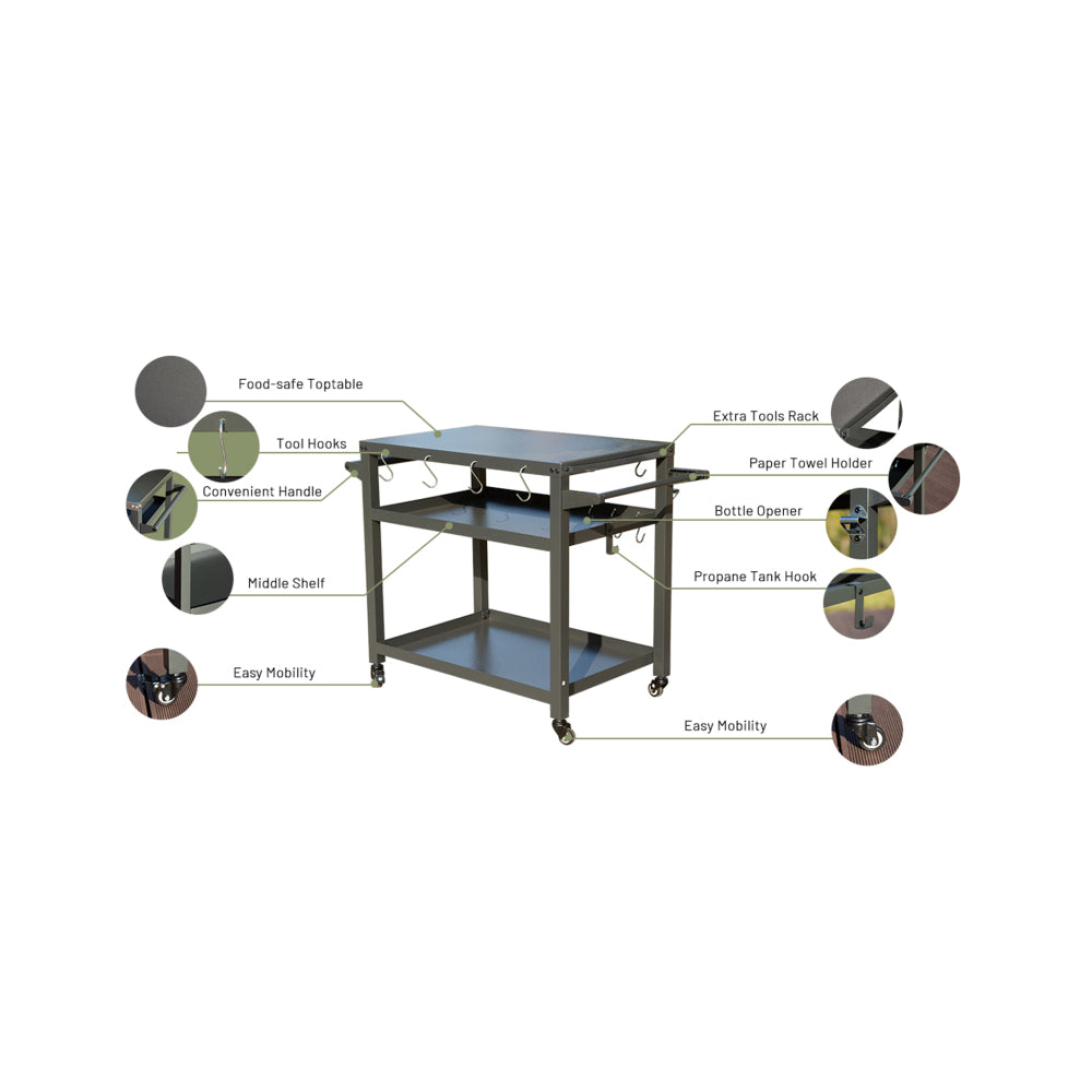 3-Shelf Outdoor Grill Table, Grill Cart with Wheels, Outdoor Pizza Oven Table and Food Prep Table, Blackstone Table with Propane Tank Hook, Grill Stand for Blackstone Griddle for Outside BBQ
