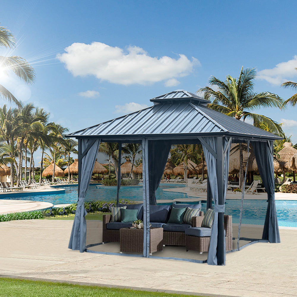 10' X 10' Hardtop Gazebo with Galvanized Steel Double Roof, Sturdy Aluminum Frame, Curtains, and Netting for Patio, Lawn, and Garden