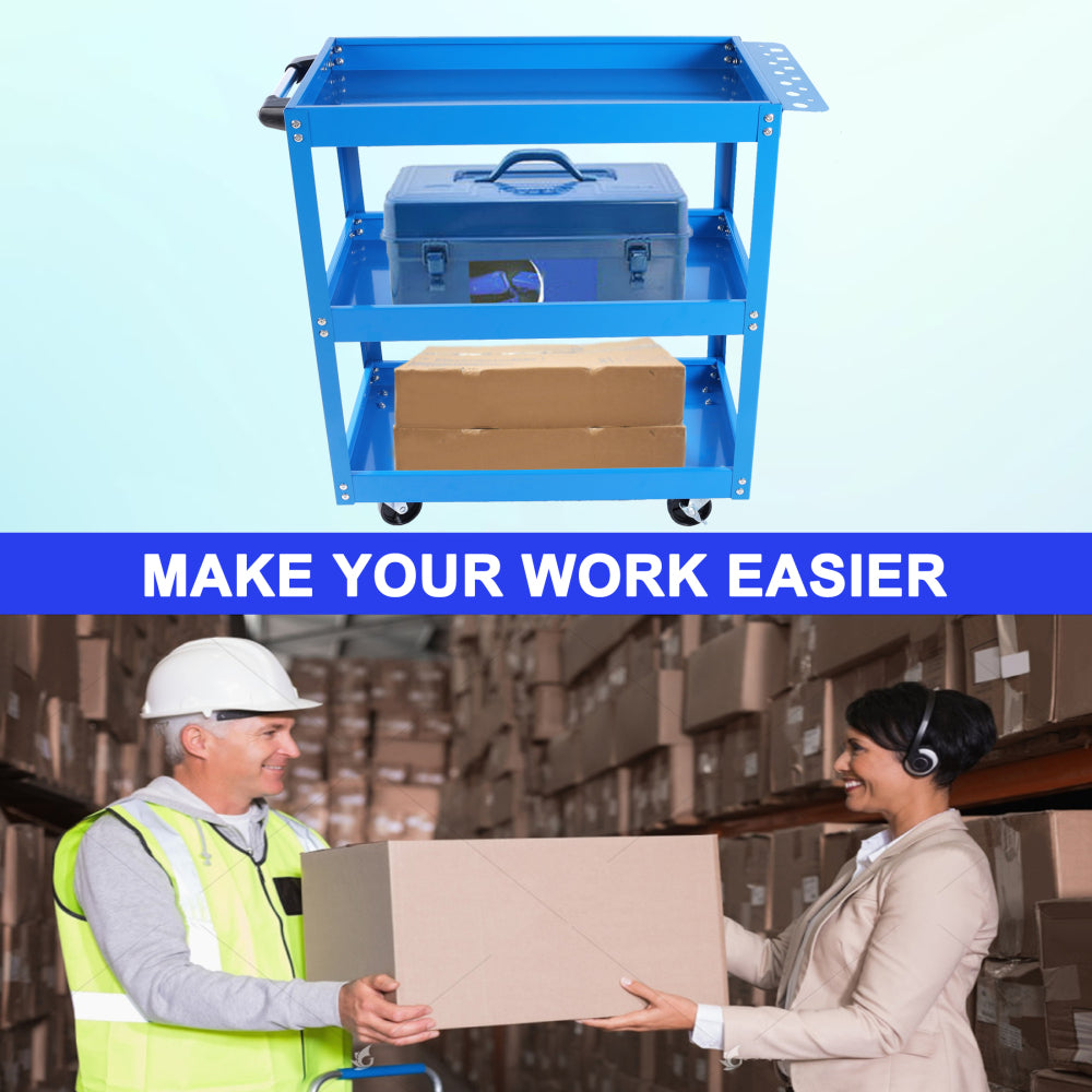 Tool Cart, 3-Tier Rolling Mechanic Tool Cart, Heavy Duty Steel Utility Cart with Lockable Wheels, 450 LBS Capacity Industrial Service Cart for Garage, Warehouse, Workshop (Blue)