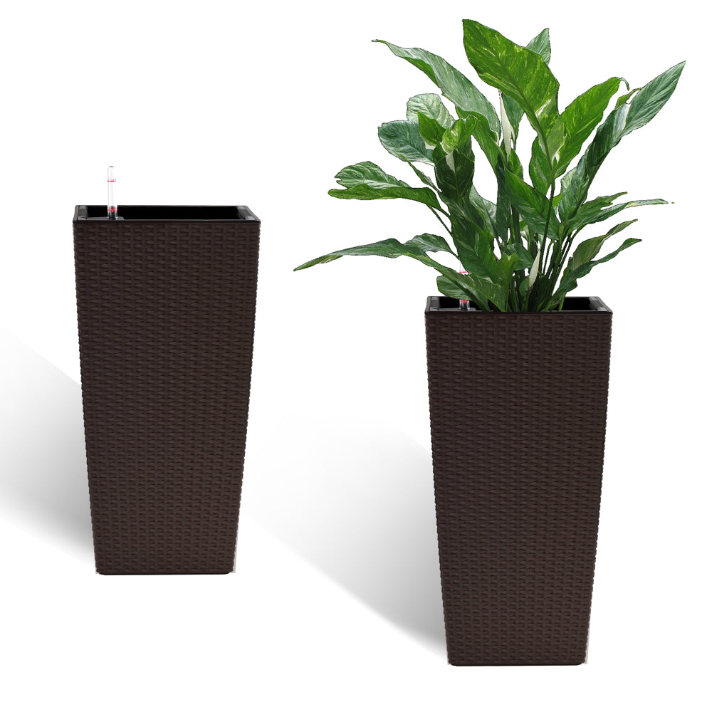 Indoor/Outdoor Modern Faux Rattan Design Square Planter, 22.6 inch White Plastic Large Planter with Automatic Watering System for Home and Garden (White, 22.6 inch - 2 Pack)