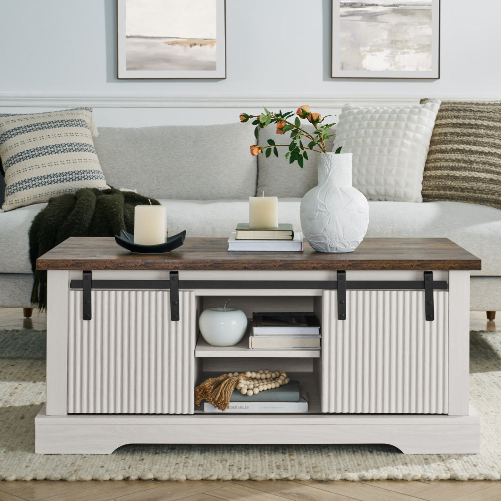 41.3 Inch Coffee Table with Storage and Sliding Wood Door, Farmhouse and Industrial Cocktail Table with Adjustable Shelves, Rectangular Rustic Living Room Table for Living Room Meeting Room