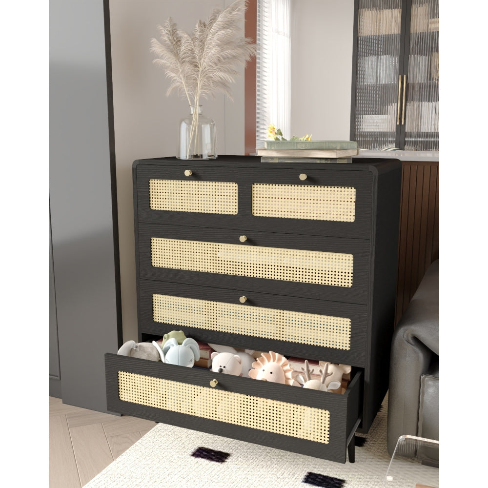 4 Drawer Dresser, Modern Rattan Dresser Chest with Wide Drawers and Metal Handles, Farmhouse Wood Storage Chest of Drawers for Bedroom, Living Room, Hallway, Entryway