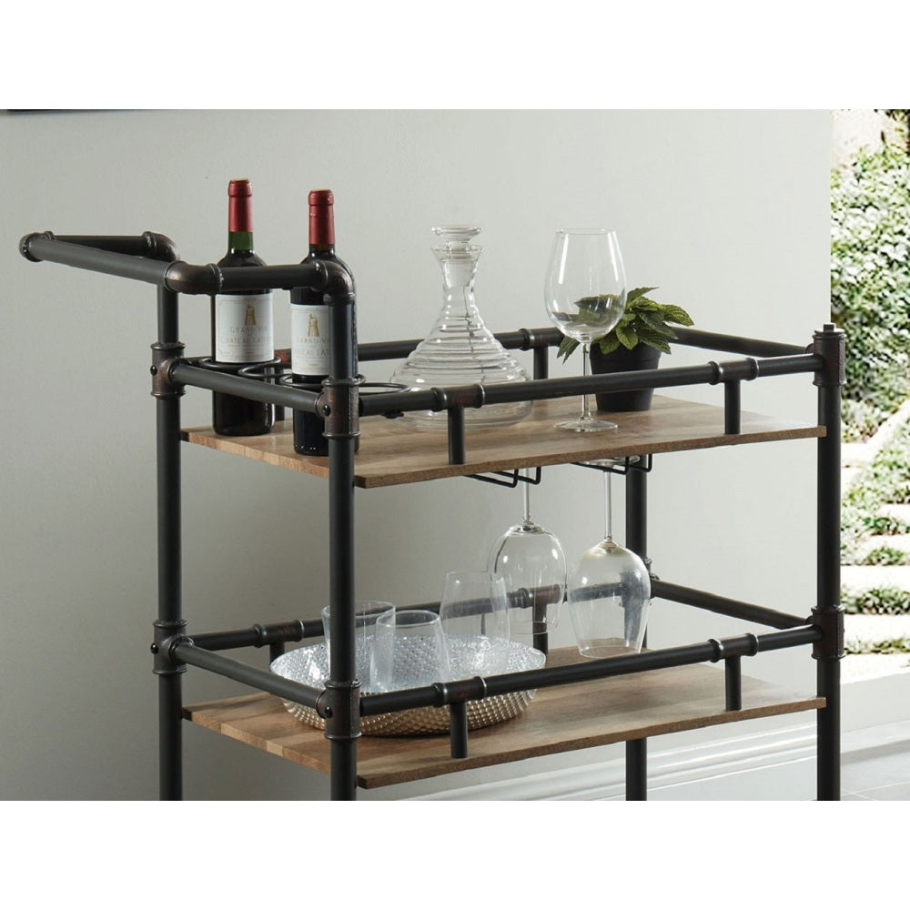 Industrial Style Antique Black Inspired Design Natural Oak 1pc Serving Cart 3-Tier Server w wheels