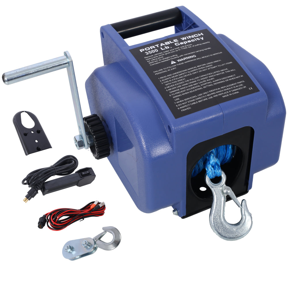 12v 3500lbs Trailer Winch,Reversible Electric Winch, for Boats up to 6000 lbs.,with synthetic rope,with extra pulley hook,power in and power out,with manual function.blue plastic casing