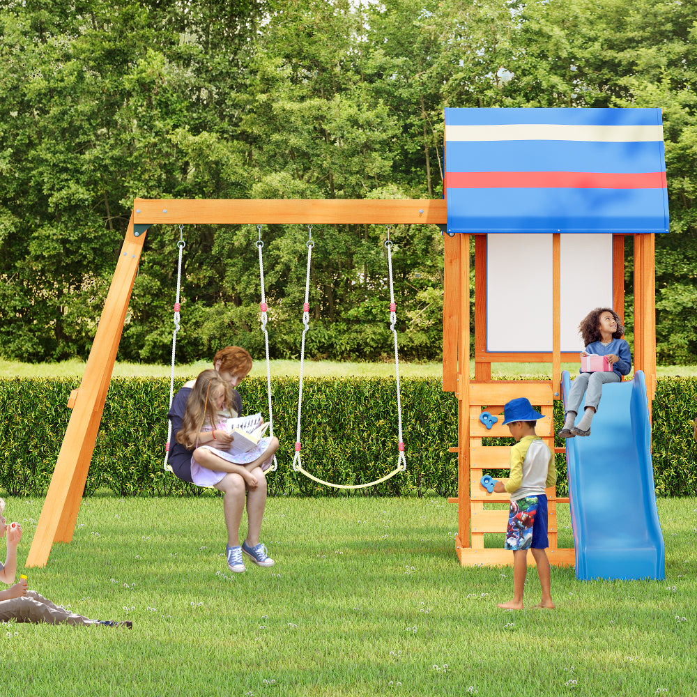 Wooden Outdoor Swing Set 3 in 1 Swing Set outdoor Children's Playset with Slide , 2 Swings and Climber for Garden, Backyard and Playground, Blue