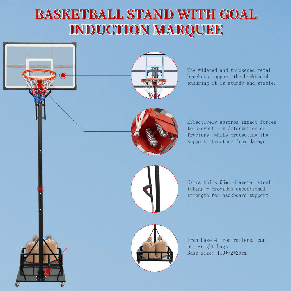 Portable Basketball Hoop for Youth Adults & Professional Match,Adjustable Height 8.04 ft to 10.01 ft,44 inch Backboard with Rebound System, Indoor/Outdoor Basketball Goal with Counterweight Bag,Wheels