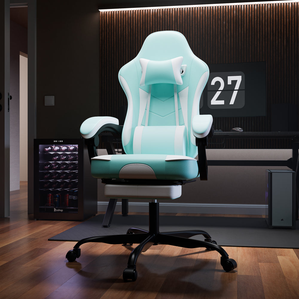 Gaming Chair, Ergonomic Computer Chair with Footrest and Massage Lumbar Support, Height Adjustable Swivel Video Game Chair for Adults, 300lb Max, Green