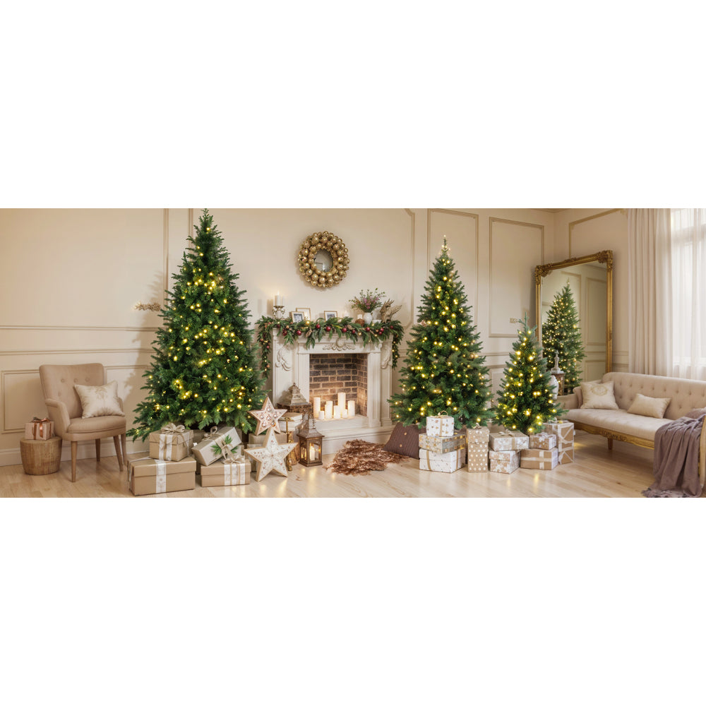 8FT, 6FT, 4FT Pre-Lit Green Pine Artificial Christmas Tree, Set of 3 Hinged Xmas Trees with 820 Warm-Yellow LED Lights and 2539 Branch Tips, Holiday Decoration for Home,Office and Party