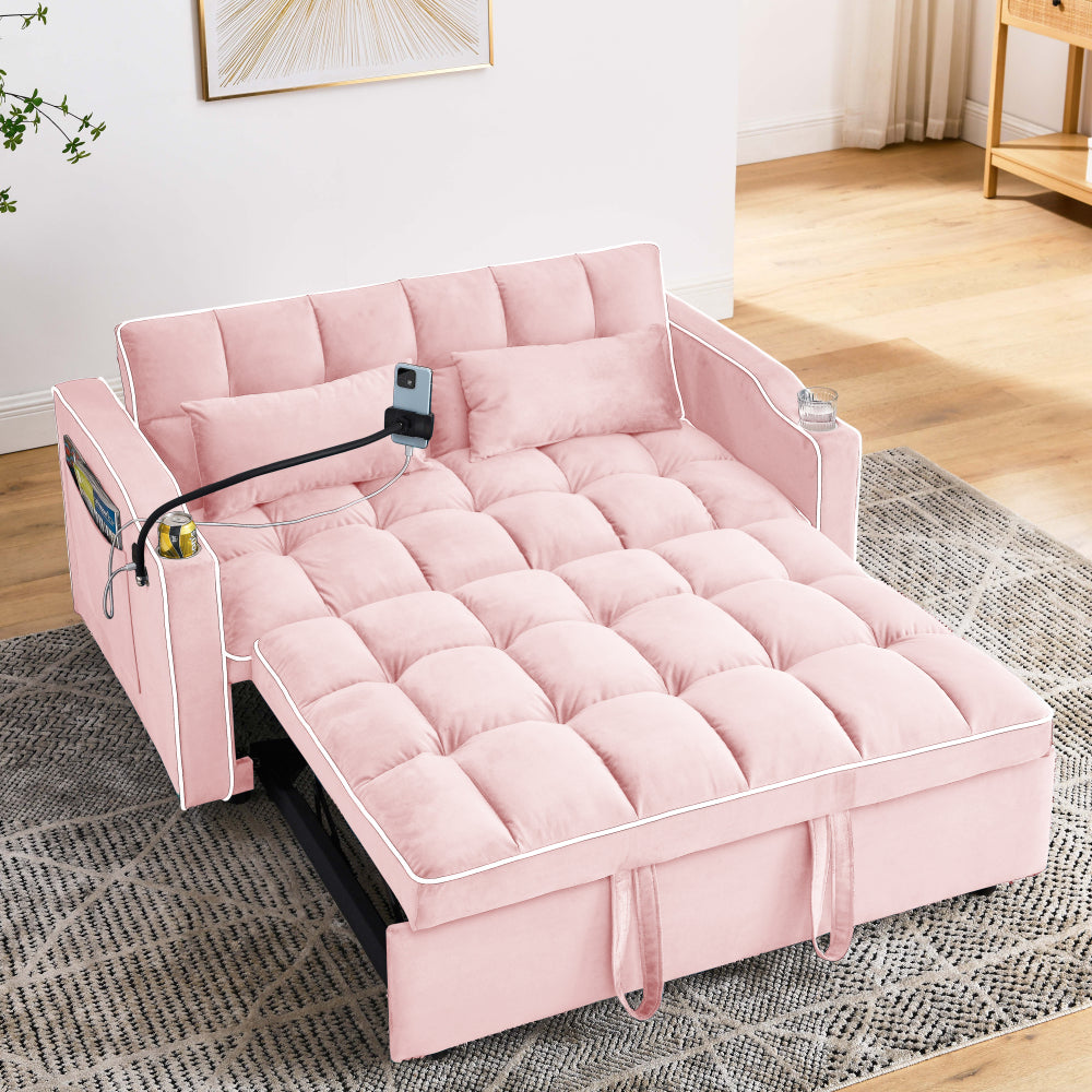 55.51 inch versatile foldable sofa bed in 3 lengths, modern sofa sofa sofa velvet pull-out bed, adjustable back and with USB port and ashtray and swivel phone stand (PINK)
