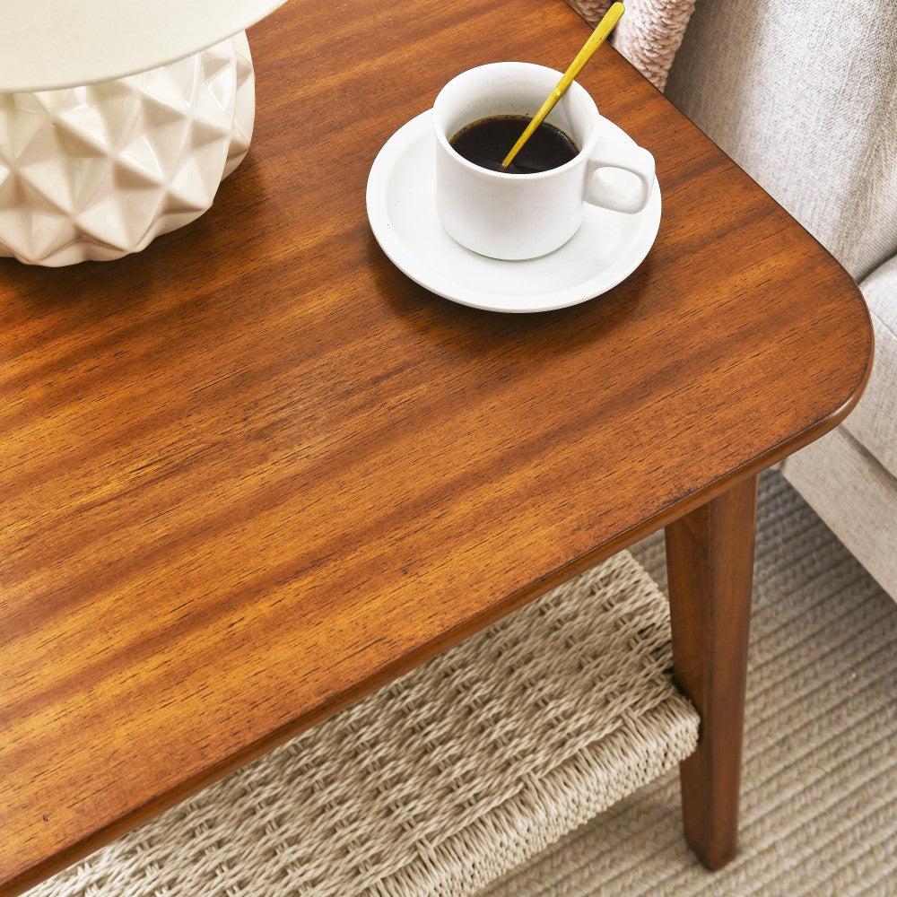 23" Mid-Century Side Table with Woven Shelf, Boho Side Table with Storage, Bedside Tables, Small Side Table for Living Room Couch Patio Home Office