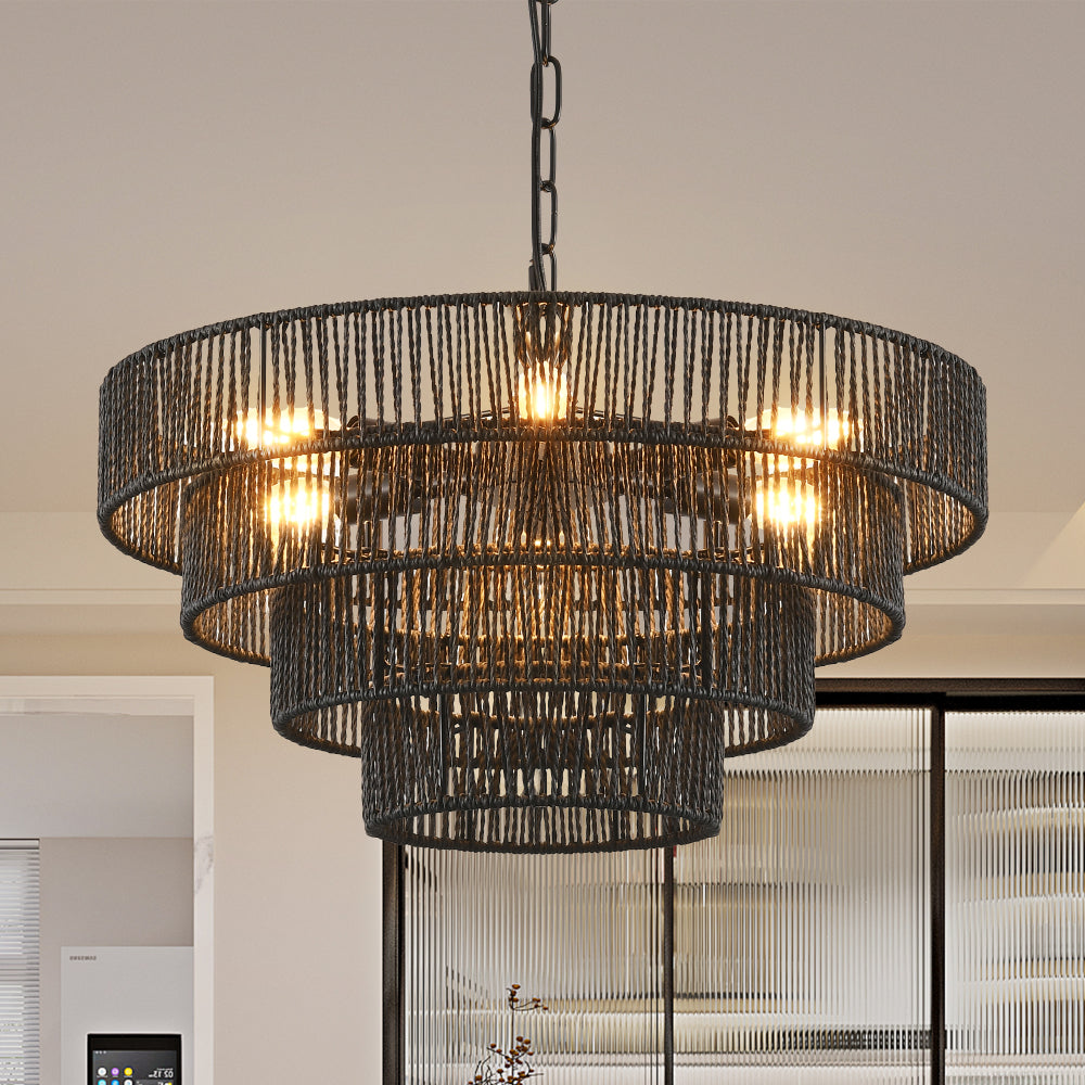 20" Rustic 4-Tier Black Hemp Rope Pendant Light Chandelier with 6 E12 Sockets, Handmade Tiered Boho Ceiling Light Fixture for Dining Room, Kitchen, or Foyer (Bulb Not Included)