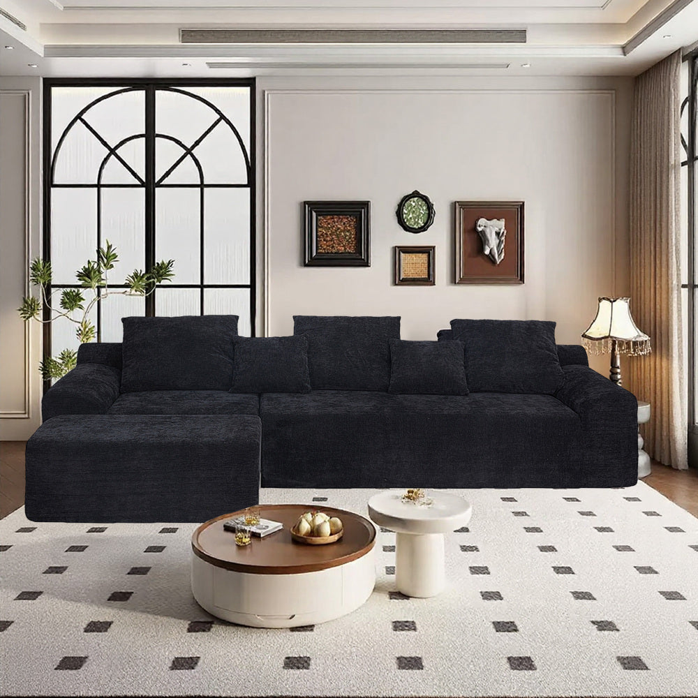 111.2" Modern L-Shaped Sectional Sofa – Modular Velvet Couch with Adjustable Configurations, Soft Melange  chenille Fabric in Black, Stylish & Comfortable for Living Room, Bedroom, and Lounge Areas