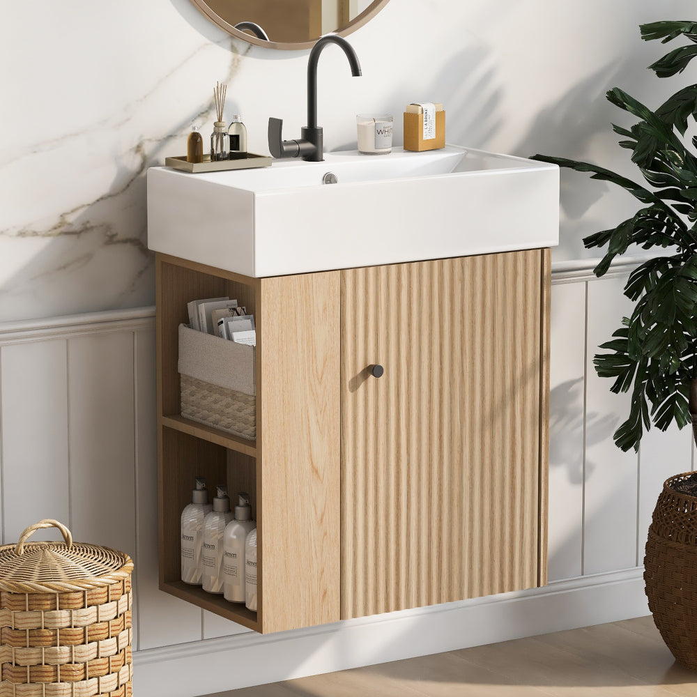 21.6" white Bathroom vanity, Combo Cabinet, Bathroom Storage Cabinet, Single Ceramic Sink, Left side storage