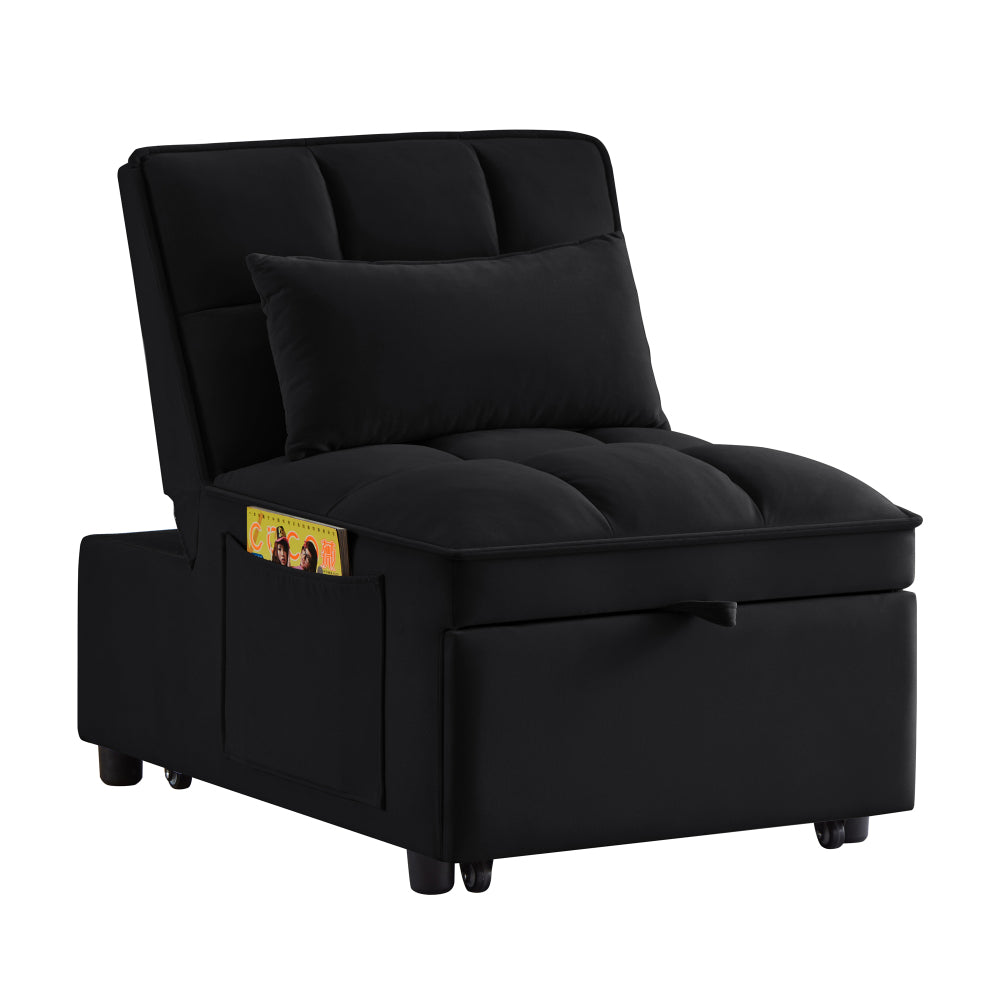 4 in1 Multi-Function Single Sofa Bed with Storage Pockets,Tufted Single Pull-out Sofa Bed with Adjustable Backrest and Pillows ,Convertible  Chaise Lounge,Black