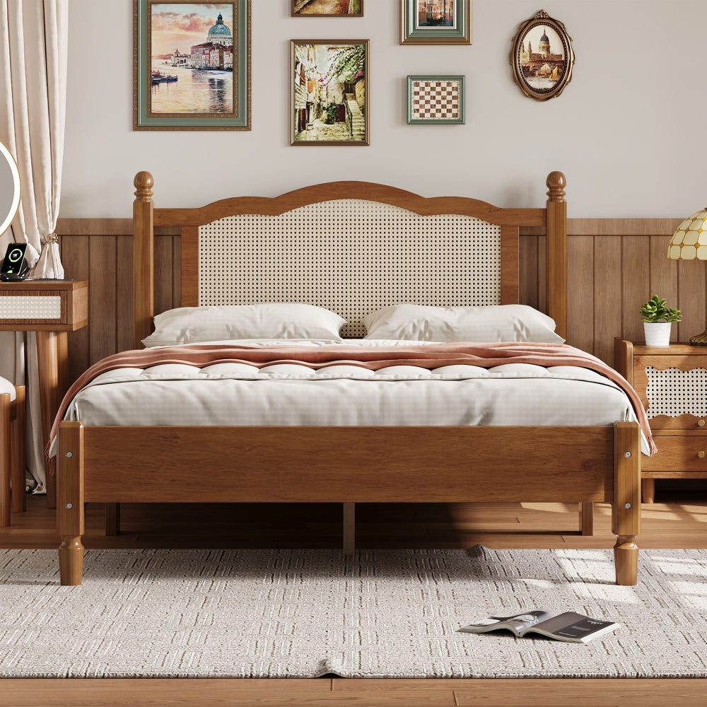3 Pieces Bedroom Set with Queen Size Wooden Bed Frame, 1 Vintage  Nightstand and 1 Makeup Vanity Set with Stool,Black