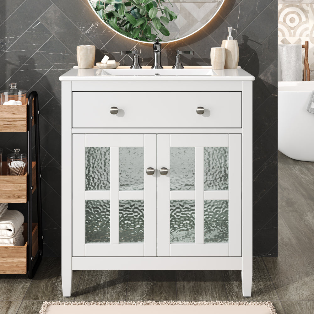 30" Modern Bathroom Vanity with Ceramic Sink, Bathroom Vanity Cabinet with Tempered Blurred Glass and Matte Black Handles, Equipped with Large Storage Space and Rubber Wood Frame, White