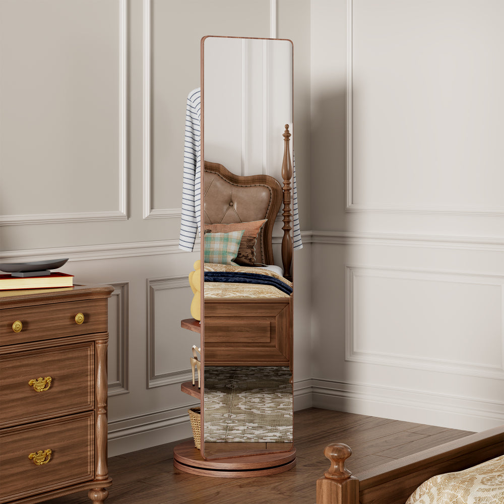 360° Rotating 69"x16" Multifunctional Full Length Mirror with Hook Storage Rack Coat Rack with Mirror Solid Wood Floor Mirror Bedroom Living Room Cloakroom Space Saving (walnut)