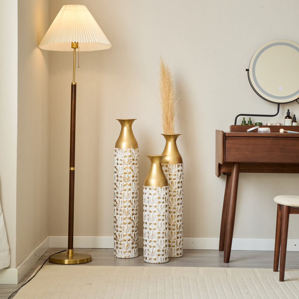 Mother's Day Gift Set - Gilded White 3D Relief Flower Metal Vase Set 24". 29". 32. 68 height
