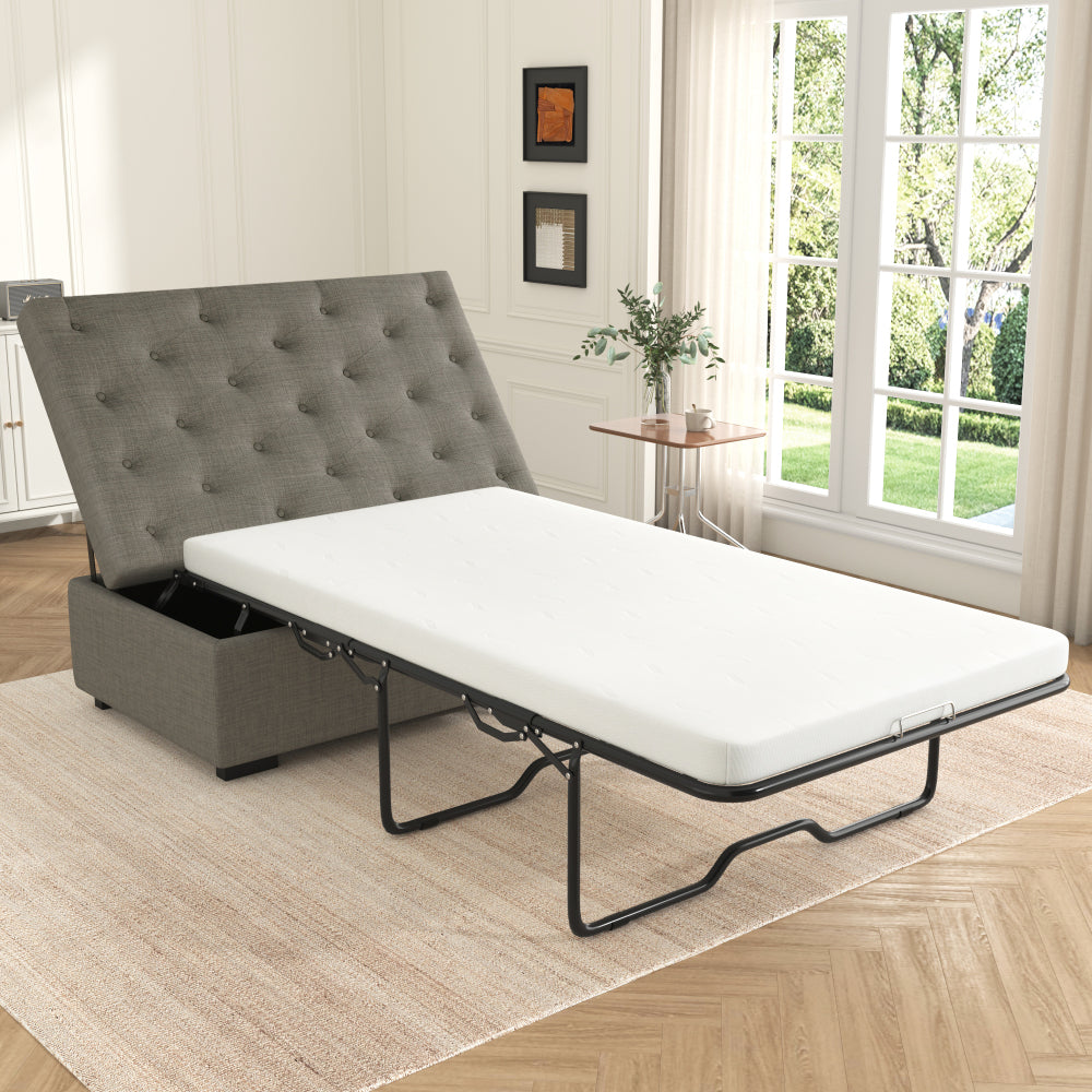Folding Sofa Bed, 49.6" Ottoman with a Folding Sofa Bed, Convertible Ottoman Sleeper with Memory Mattress and Tufted Design for Living Room, Gray