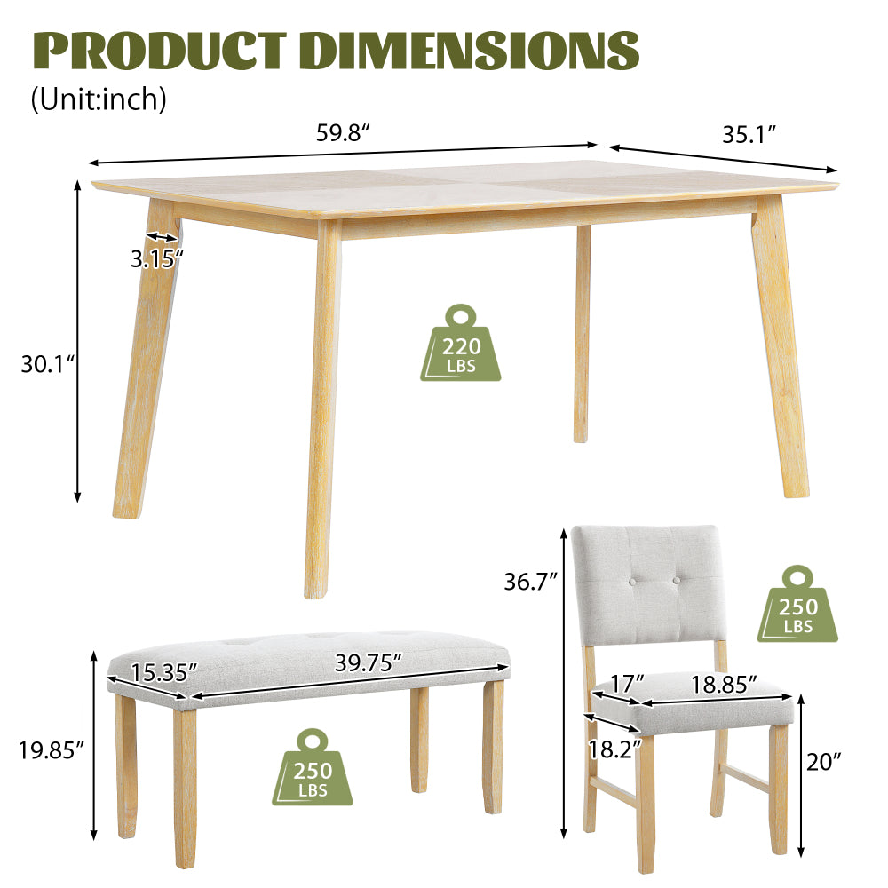 6 Piece Dining Room Table Set, Rustic Farmhouse Dining Room Rectangular Table with 4 Upholstered Chairs and Bench, Solid Wood Kitchen Dining Table Set for 6 Persons (Easy Assembly, Natural Wood Wash)