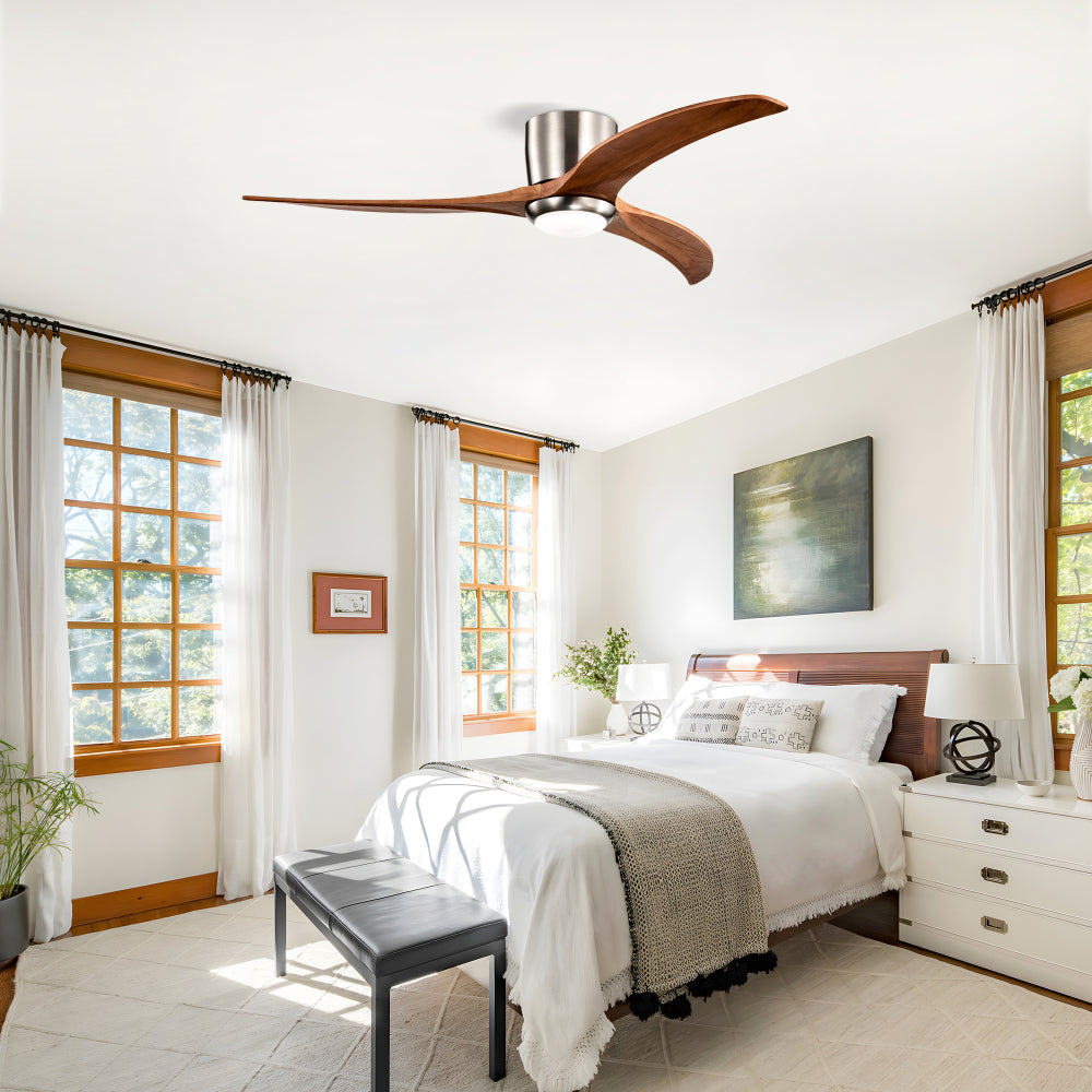 52" Flush Mount Ceiling Fan Solid Wood Blades Ceiling Fan With Light with Remote Control, Noiseless Reversible Motor, 6 Speed, for Patio Living Room, Bedroom,Indoor--(Stain Nickel)