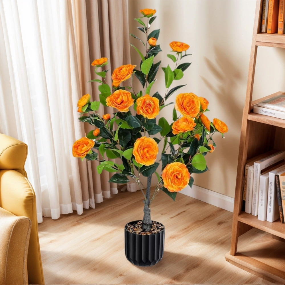 Artificial Camellia Tree 2 Pack, 36"Faux Camellia Plant in Pot with Orange Flowers, Greenery Potted Plant for Indoor Outdoor Office Home Porch Decor, Orange ( BACK TO SCHOOL )