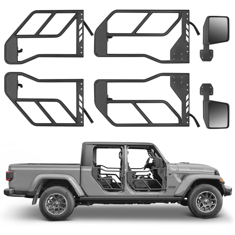 Tube Doors with Side View Mirror for 2018-2024 Jeep Wrangler JL JLU & Gladiator JT 4-Doors (Includes 4XE) 4-piece set Off Road Summer Trail Adventure