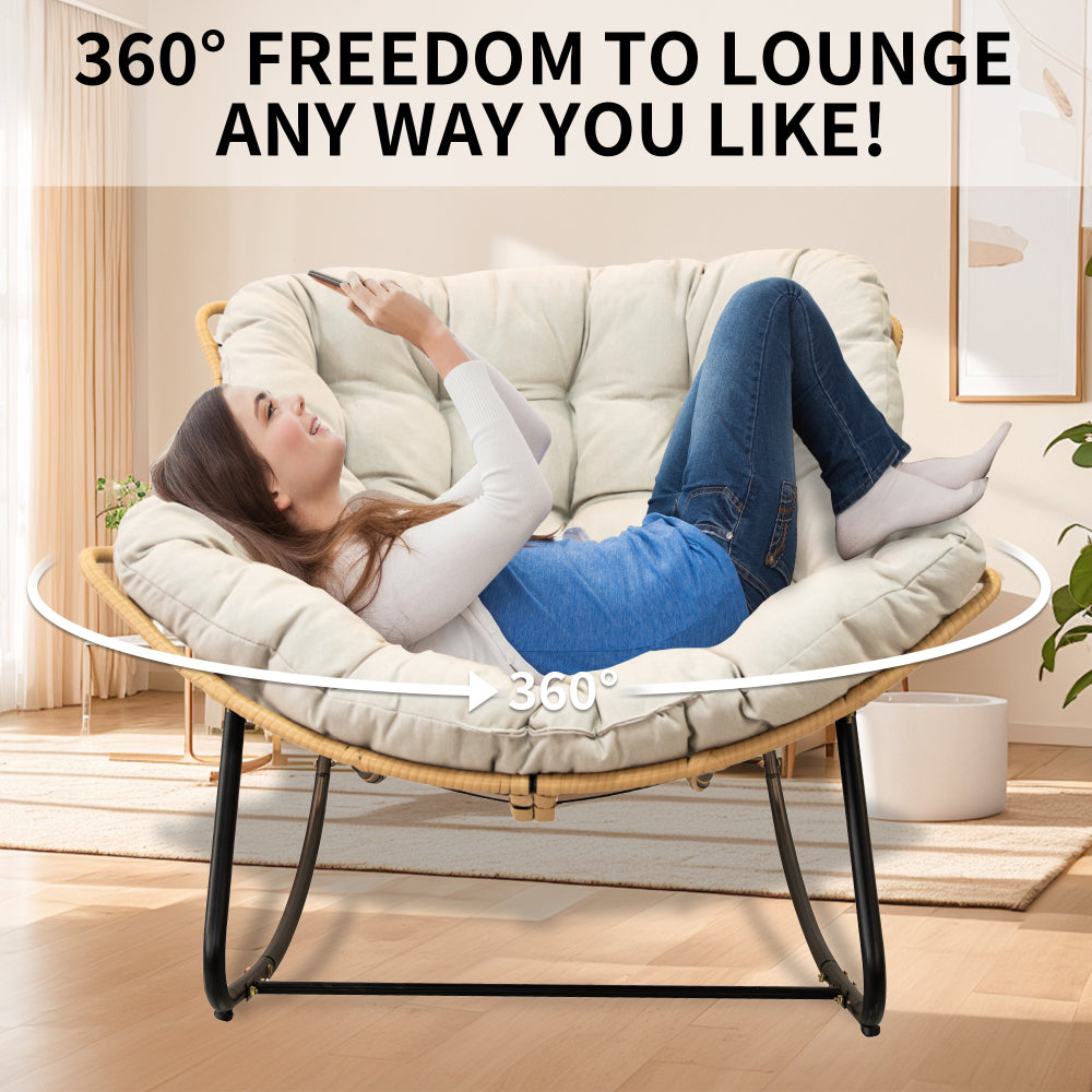 Outdoor Rocking Chair, Patio Egg Rocking Chair, Indoor Papasan Chair, Rattan Wicker Lounge Chair, Modern Royal Chair for Bedroom, Living Room, Porch, Garden,Lawn-Beige