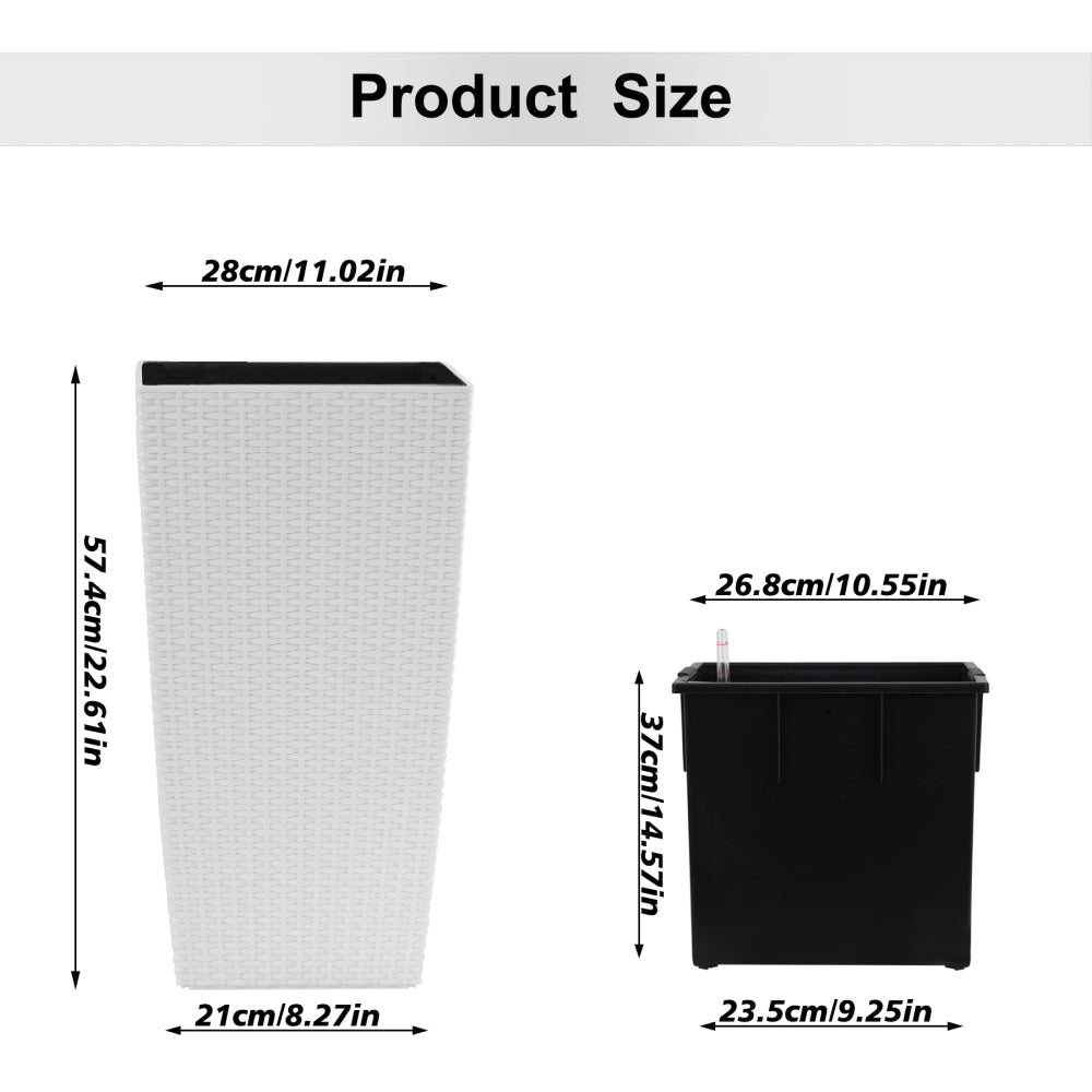 Indoor/Outdoor Modern Faux Rattan Design Square Planter, 22.6 inch White Plastic Large Planter with Automatic Watering System for Home and Garden (White, 22.6 inch - 2 Pack)