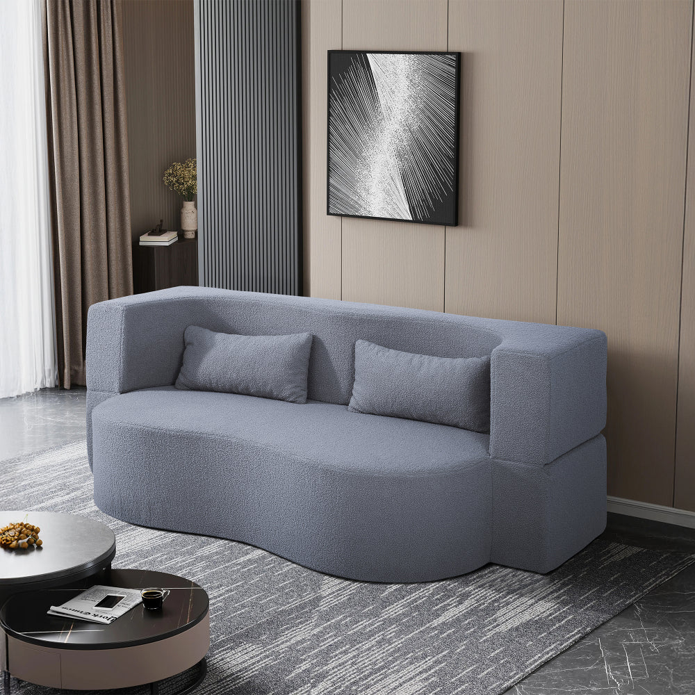 2-in-1 Convertible Sofa Bed, Full Size Folding Loveseat Couch with Soft Teddy Fabric, No Assembly Needed, Floor Sofa Mattress with 2 Pillows, Space-Saving Futon for Small Living Room, Dorm, RV,Grey