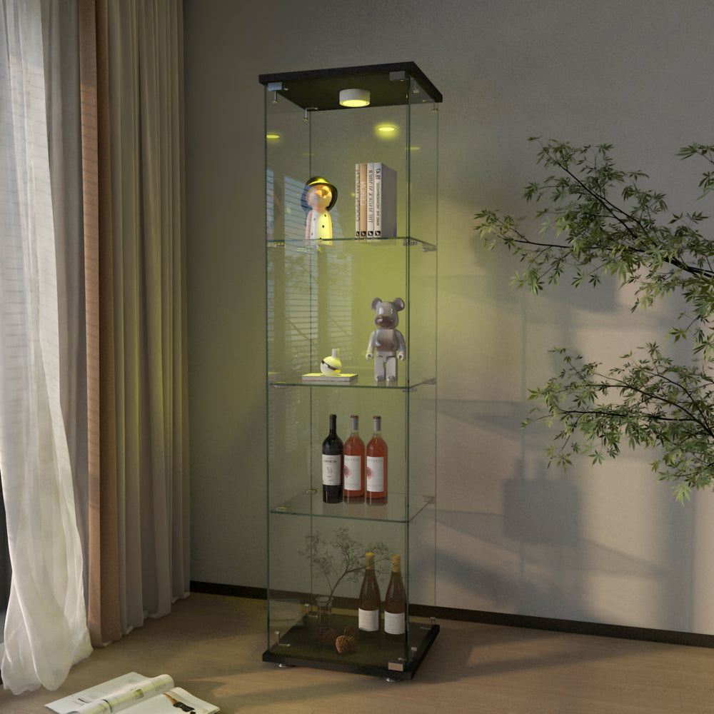 Modern Glass Display Cabinet with LED lights, Quick-assembly Antique Cabinet, Tempered Glass Bookshelf, Suitable for Living Room and Bedrooms, 1-door 4-shelf, Black