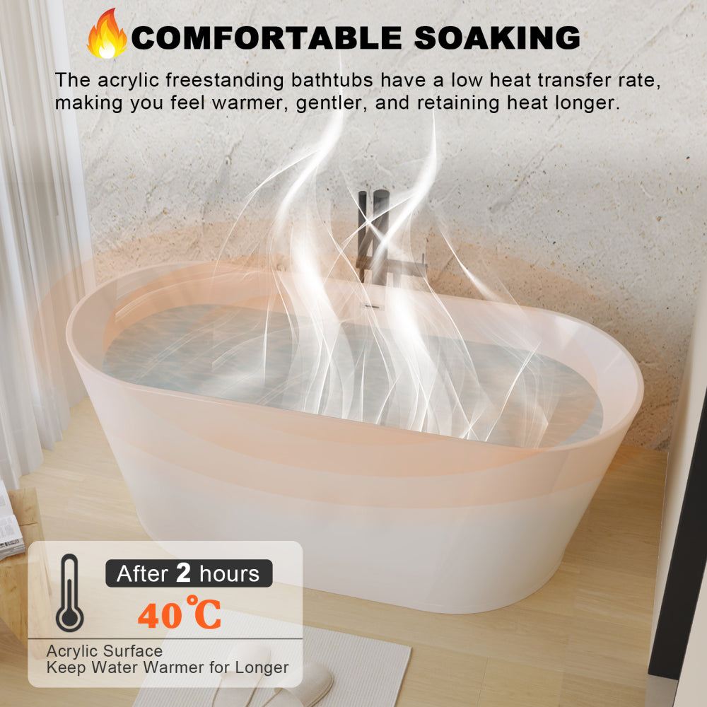55" Acrylic Freestanding Bathtub, Stand Alone Soaking Tub, Glossy White Acrylic, Toe-tap Chrome Drain, cUPC Certified