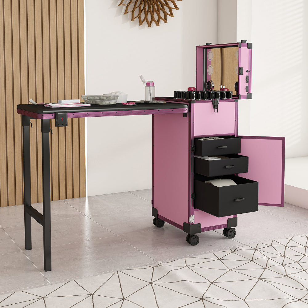 Portable Nail Art Table w/ LED Mirror, Bluetooth, Lockable Drawers, Telescopic Pole - Folding Manicure Station for Salons  (Pink)