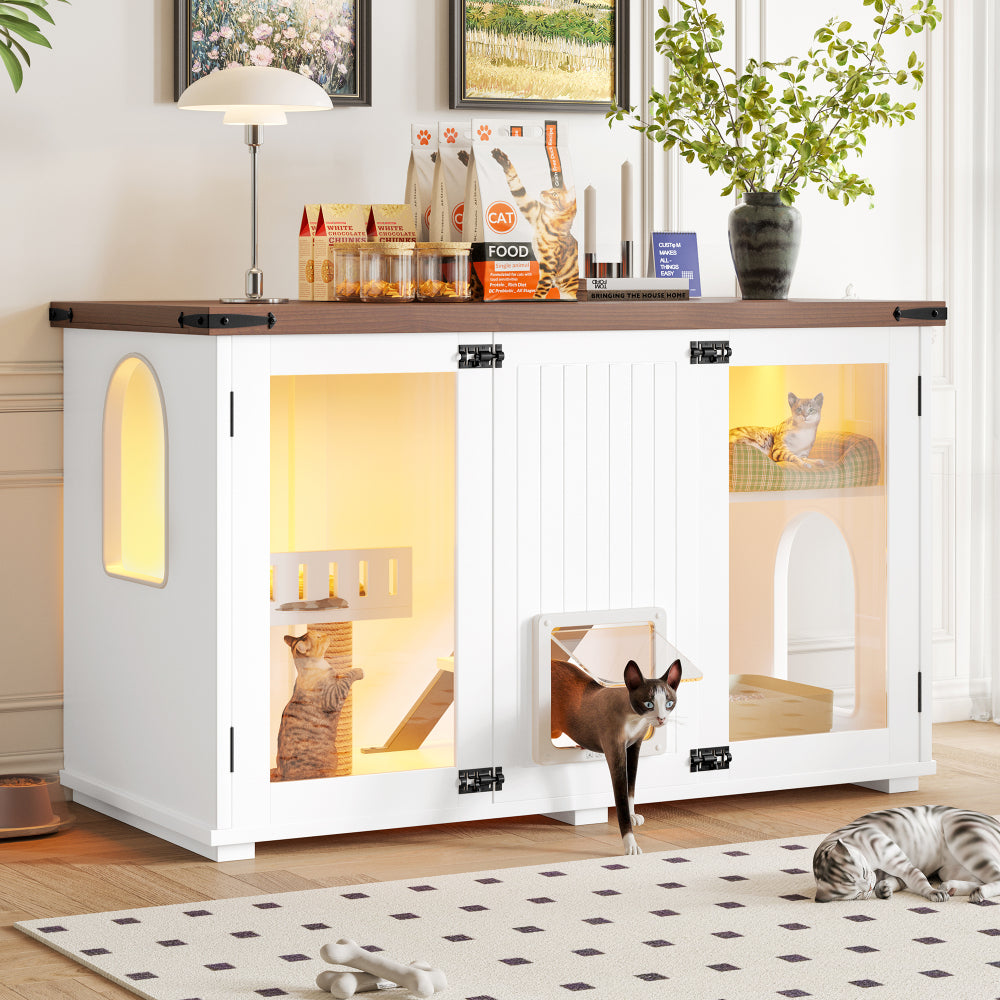 Cat Litter Box Enclosure, Indoor Hidden Cat Litter Box Furniture with 2 Drawers and Door, Cat House End Table for Living room, White and Brown