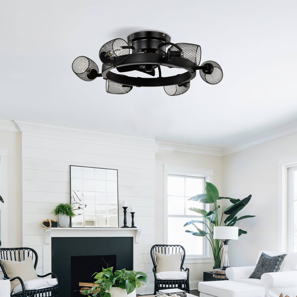 25.8''  Industrial Ceiling Fan with remote control ,5 ABS Blades small size ceiling fan For Living Room, Dining Room, Bedroom, Family Room, Matte Black ,6 PCS*E26 (Does Not Include Light Bulbs)