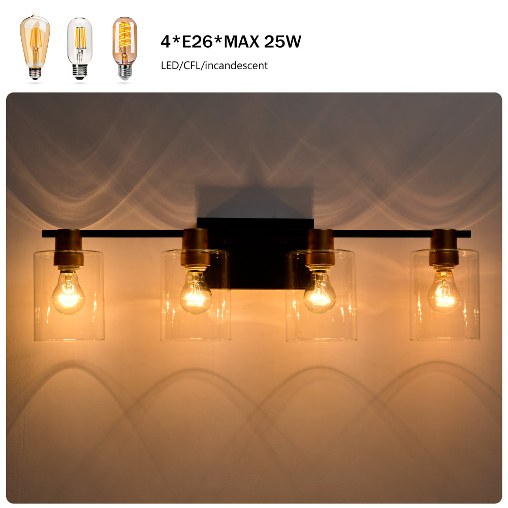 4-Light Bathroom Light Fixtures((Does Not Include Light Bulbs), Modern Vanity Lights with  Glass Shade, Vintage  Light Fixture Bathroom Over Mirror Wall Lights for Kitchen Dinning Room Bedroom Hallway