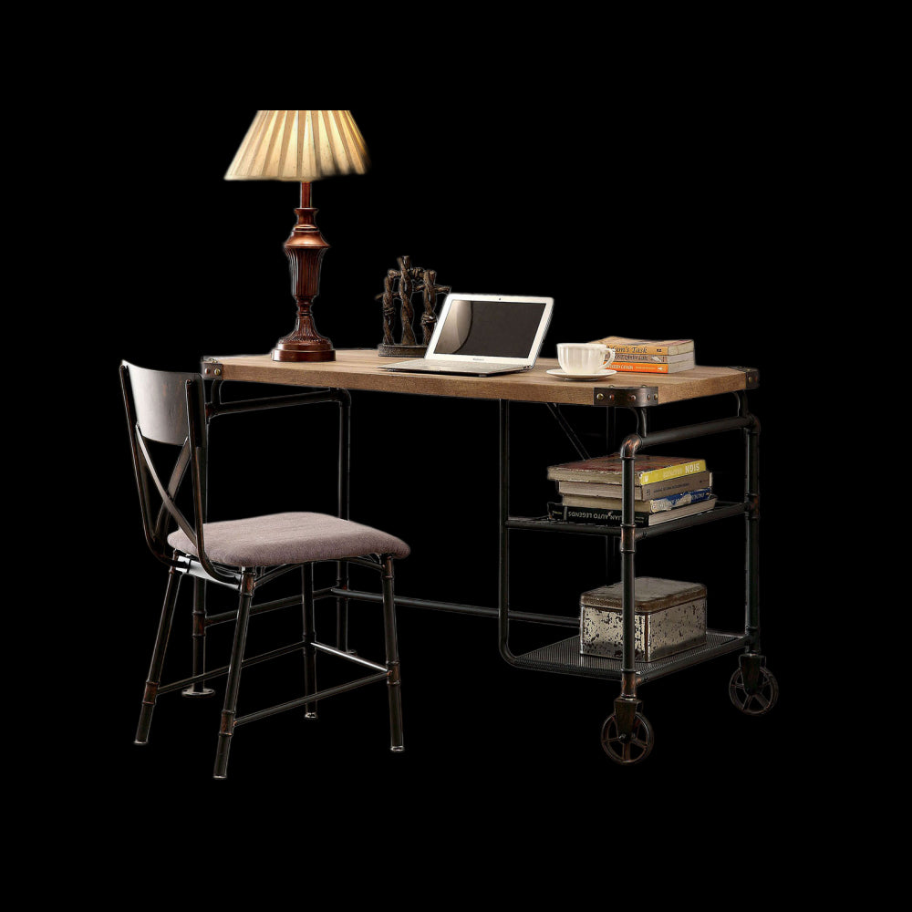 Industrial Inspired Desk With An Antique Black Metal Construction Replicated Wood Top And Caster Wheel Accents