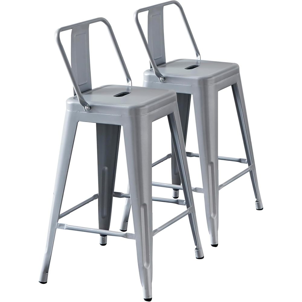 Modern Light Weight Industrial Contemporary Rustic Vintage Costal Metal Barstools with Bucket Back and 4 Leg Design, Seat Bar Stools (Set of 2) (24" Seat, Distressed White)