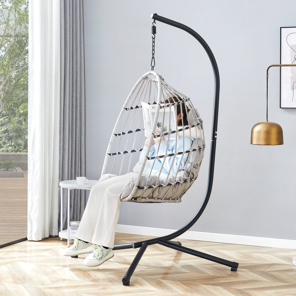 GRHeavy-Duty Iron Hanging Chair with Wicker Weave – Single Person Swing for Indoor/Outdoor (Gray)