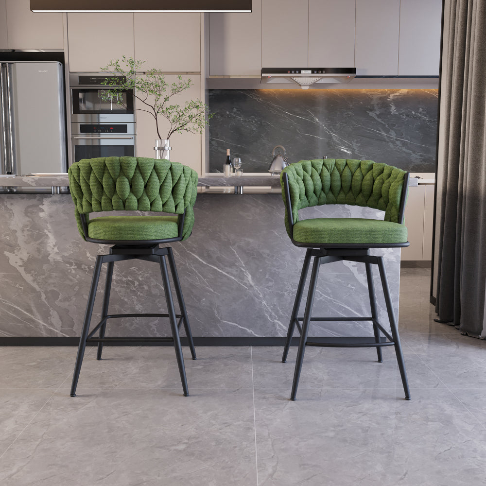 26" Bar Chair Linen Woven Bar Stool Set of 2,Black legs Barstools No Adjustable Kitchen Island Chairs,360 Swivel Bar Stools Upholstered Bar Chair Counter Stool Arm Chairs with Back Footrest (Green)