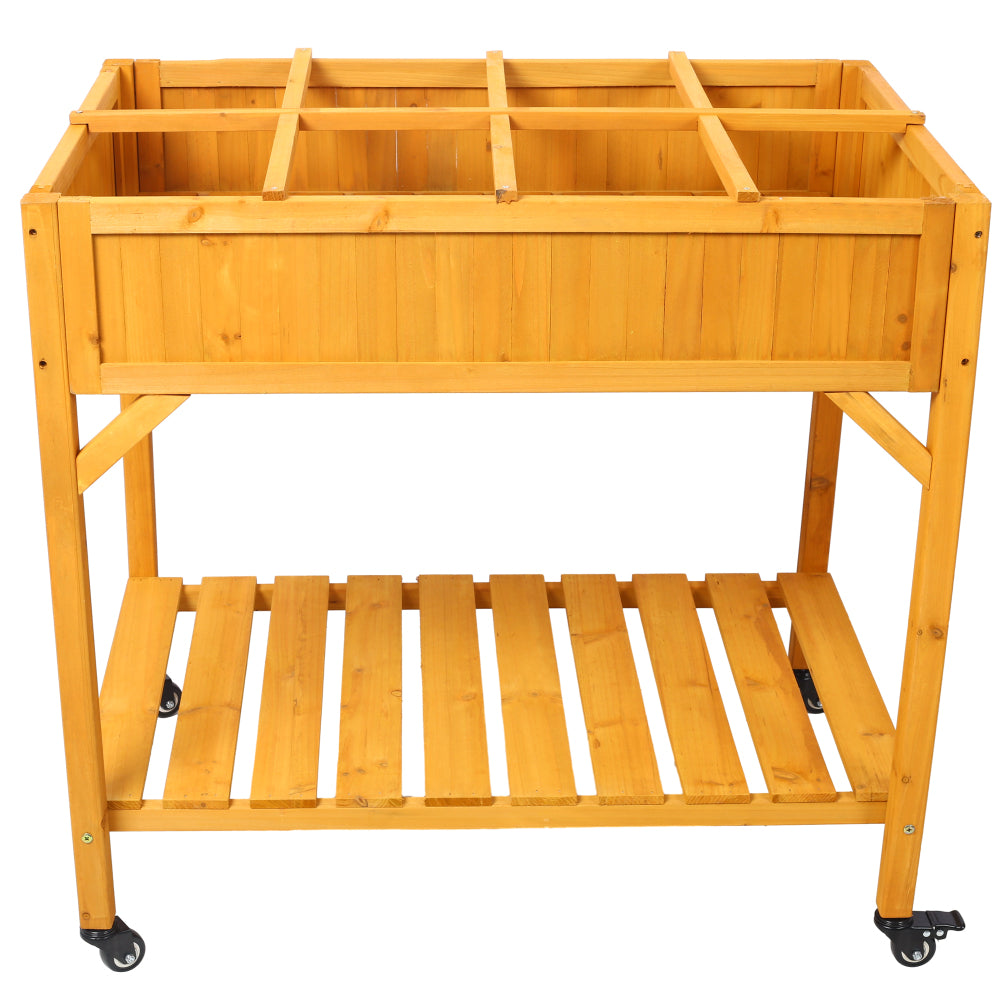 Elevated 8 Pocket Herb Garden Bed, Mobile Raised Customizable Wood Planter for Herbs, Vegetables, Flowers w/ Lockable Wheels, Storage Shelf, Drainage Holes