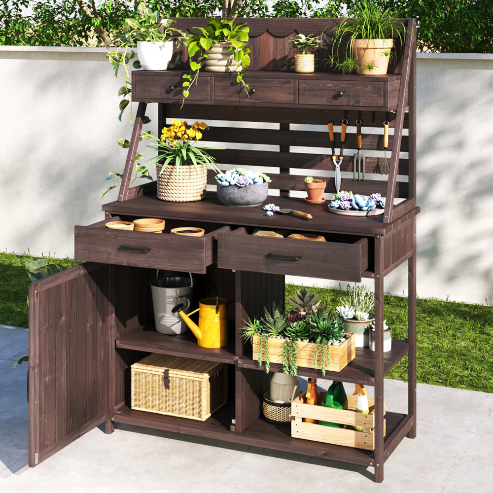 Brown Fir Wood Potting Bench - 5-Drawer Garden Workstation with Slatted Back Panel & Storage Cabinet