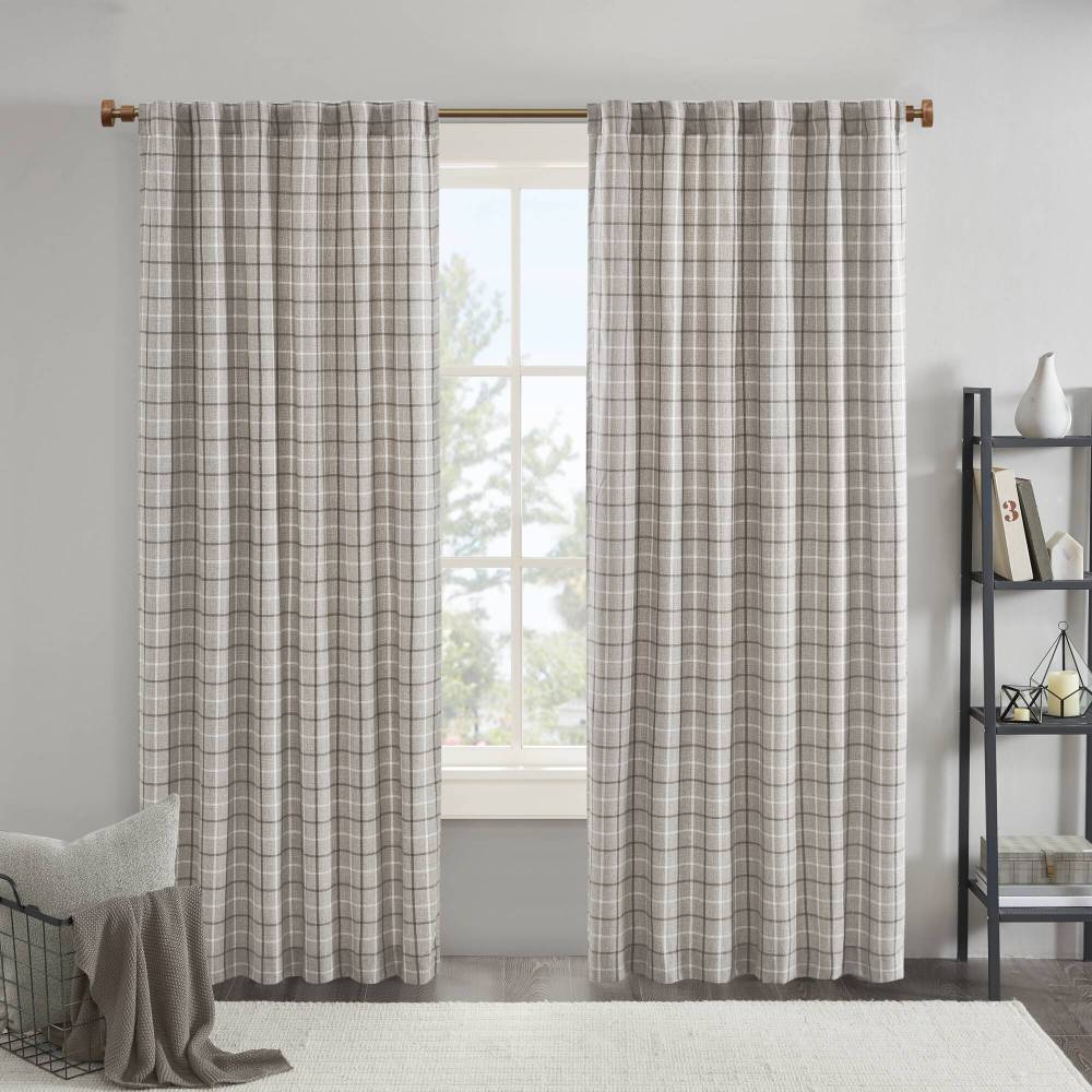 Plaid Rod Pocket and Back Tab Curtain Panel with Fleece Lining Natural 50x95"