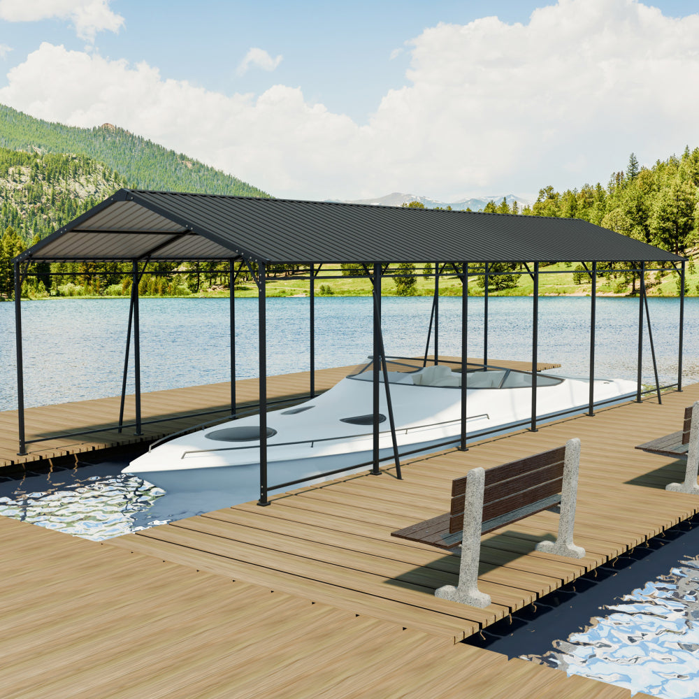 12*32 FT Carport, Heavy Duty Carport with Galvanized Steel Roof and Frame, Metal Carport Large Garage with 4 Fixed inclined square tube supports
