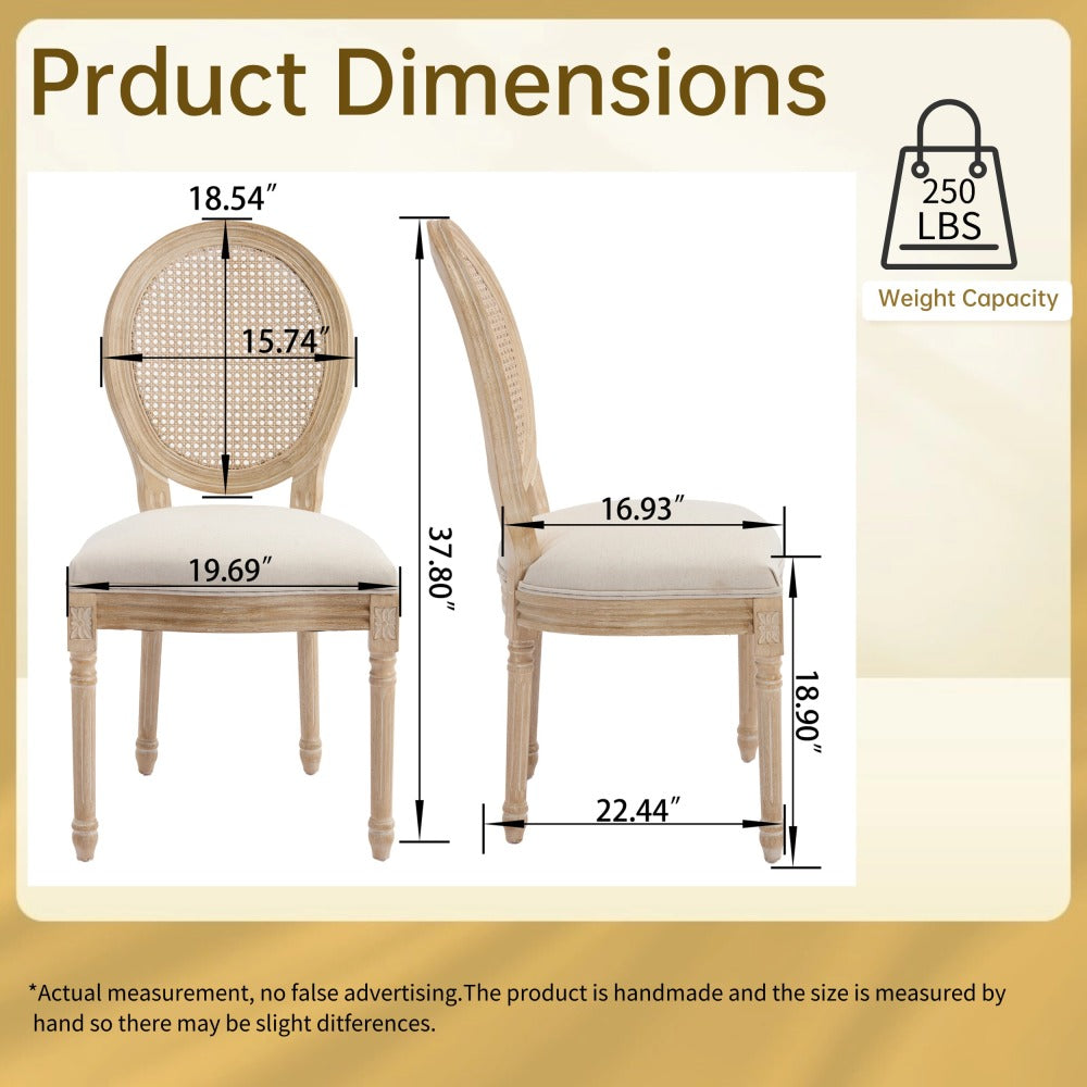 French Country Dining Chairs Set of 2, Upholstered  Chairs with Nature Rattan Round Back, Wire drawing and carving techniques ,Disassemblable ,  for Living Room, Kitchen , Restaurant Use,Beige