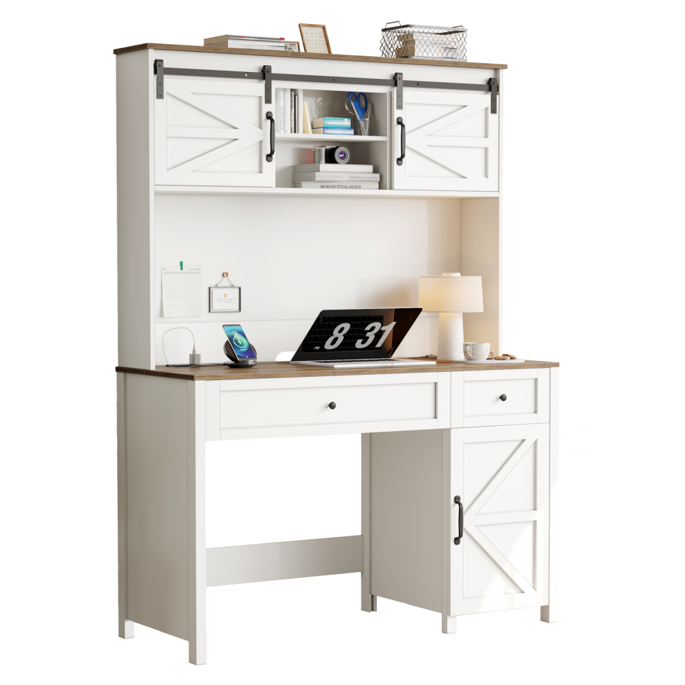 47" Farmhouse Executive Desk with Drawers, Wood Home Office Desk w/Charging Station, File Drawer, Storage Cabinet, Rustic Computer Writing Desk. White 47.24''W x 19.69''D x 67.91''H.