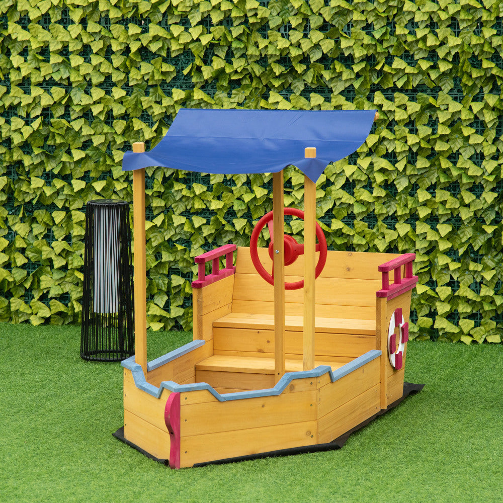 Outsunny Pirate Ship Sandbox with Cover and Rudder, Wooden Sandbox with Storage Bench and Seat, Outdoor Toy for Kids  Ages 3-8 Years Old