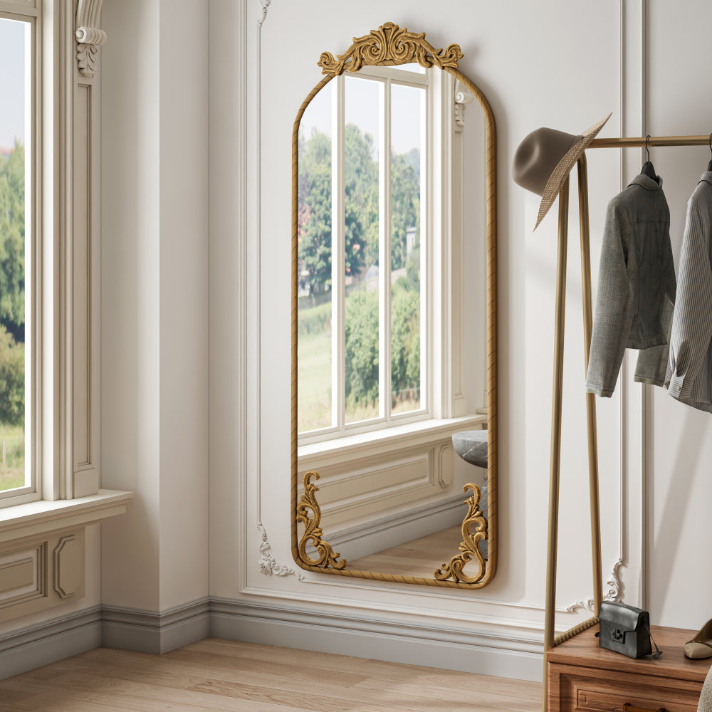 58"x24" Arched Full Body Mirror with Vintage Ornate Carved Applique on Top and Bottom, Hanging Wall Mounted Mirror, for Living Room Bedroom Retro Home Decor Mirror, Bronze
