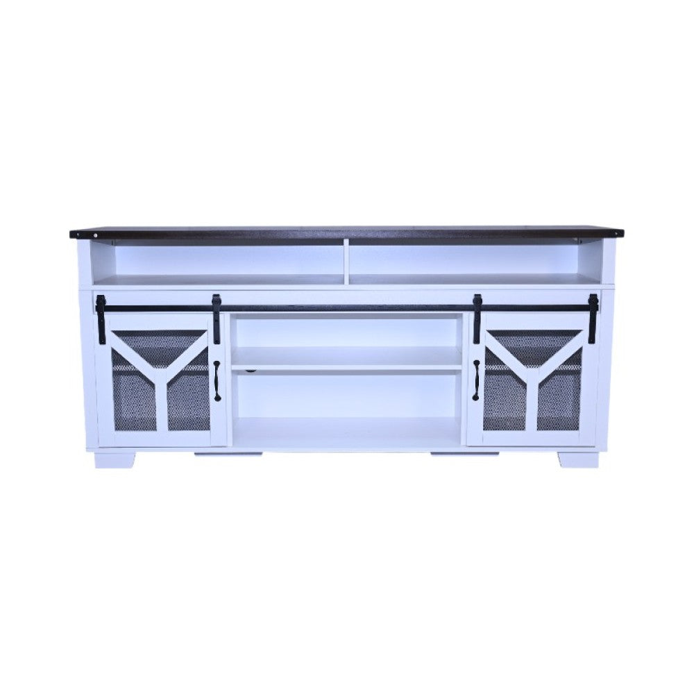65.3" TV Stand with LED light strips and Iron mesh barn door Y decorative strip white + Black walnut color (top) farmhouse